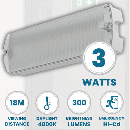 3.5W LED Emergency Bulkhead Light – IP65 Fire Exit Sign, 3hr Maintained, Sticker Legends Included