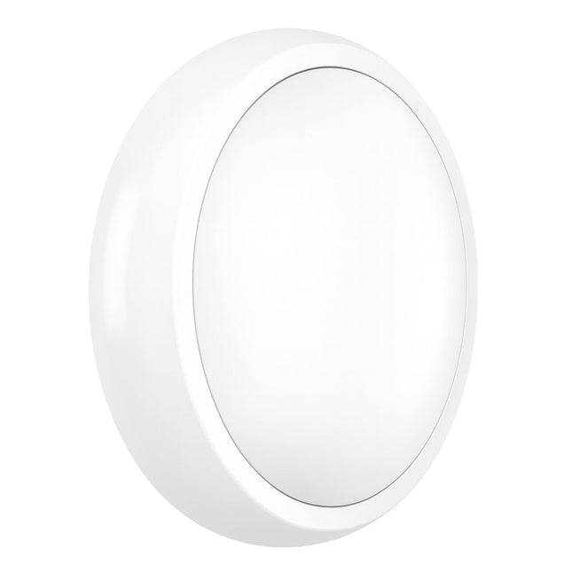 Round white light fixture on a white background