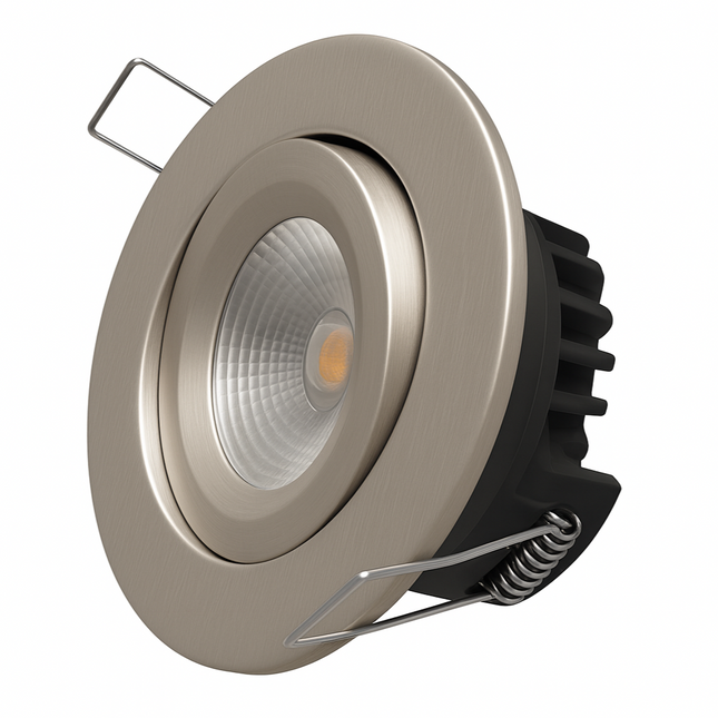Dimmable LED Tilt Downlight Fire-Rated 30/60/90 min – 7W, 3000K Warm White, IP20, Brushed Nickel