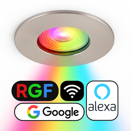 Smart Wifi RGB-CCT Fire-Rated Downlight (Alexa & Google) – IP65, GU10, Satin Nickel