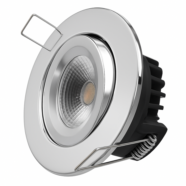 Dimmable LED Tilt Downlight Fire-Rated 30/60/90 min – 7W, 3000K Warm White, IP20, Polished Chrome