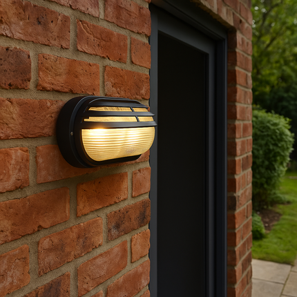 Oval Bulkhead Outdoor Light – E27, Black Caged Glass Fitting, IP44