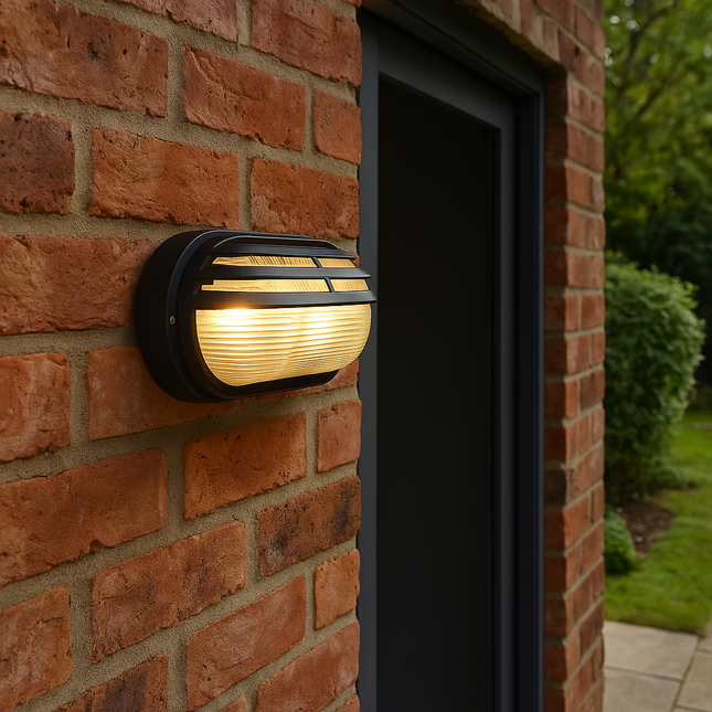 Oval Bulkhead Outdoor Light – E27, Black Caged Glass Fitting, IP44