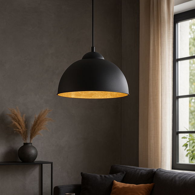 Single Ceiling Round Pendant Light – Modern, E27, Black & Gold