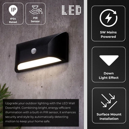 Outdoor Curved Down Wall Light with PIR Sensor – 5W LED, 4000K Neutral White, IP55, Black