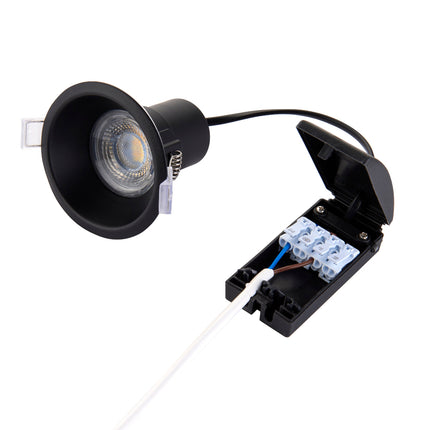 Black LED downlight with wiring harness on a white background