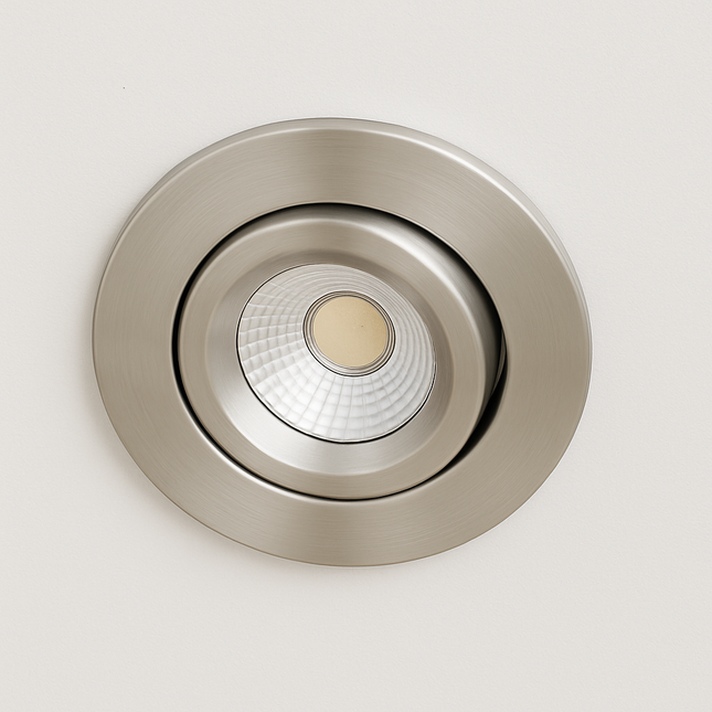 Dimmable LED Tilt Downlight Fire-Rated 30/60/90 min – 7W, 3000K Warm White, IP20, Brushed Nickel