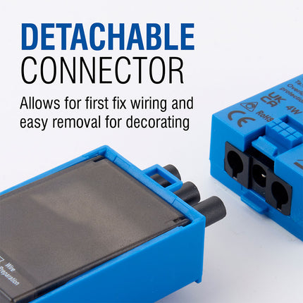 Blue detachable connector with text highlighting its features on a white background