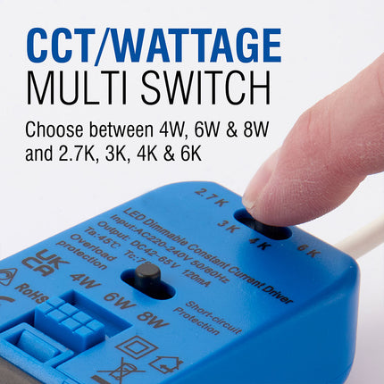 Blue CCT/Wattage multi switch with a hand adjusting a dial, text indicating wattage options.