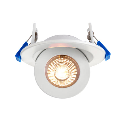 White recessed ceiling light with blue trim on a white background