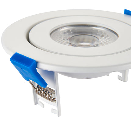 White recessed ceiling light with blue trim on a white background