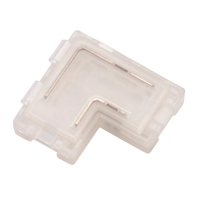 Clear plastic L-shaped connector on a white background
