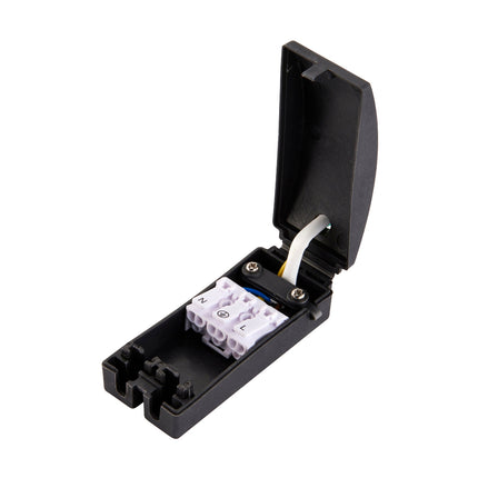 Black electrical junction box with wires on a white background