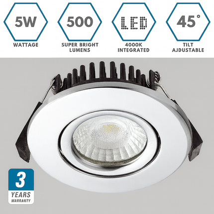 Adjustable IP65 Dimmable LED Slim Tilt Downlight, Fire Rated, 5W, 500 Lumens, Polished Chrome