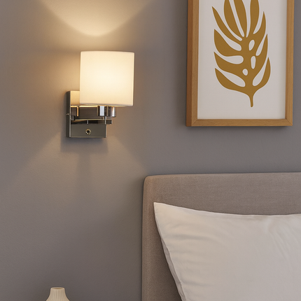 Up Indoor Wall Light – Fixed Reading Lamp with Glass Shade, On/Off Switch, Polished Chrome