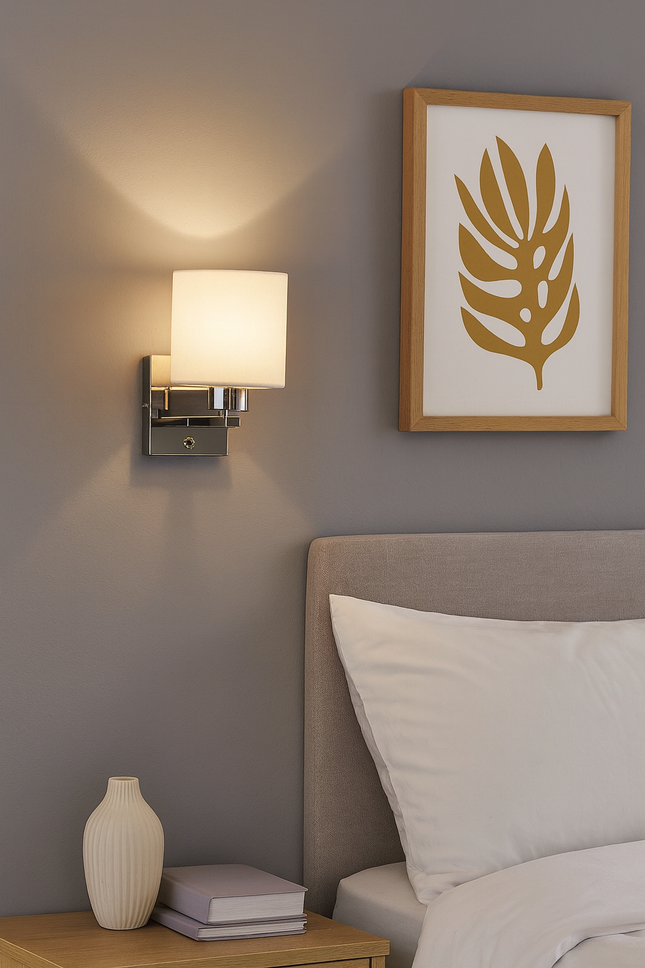 Up Indoor Wall Light – Fixed Reading Lamp with Glass Shade, On/Off Switch, Polished Chrome