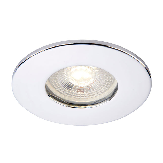 Round recessed ceiling light with chrome trim on a white background