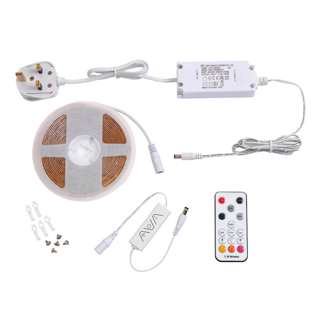 LED strip light kit with power adapter, remote control, and connectors on a white background