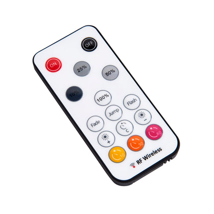 Remote control with various buttons on a white background