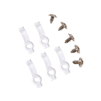 Clear plastic straps with metal hooks on a white background