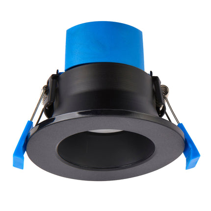 Black and blue LED downlight on a white background