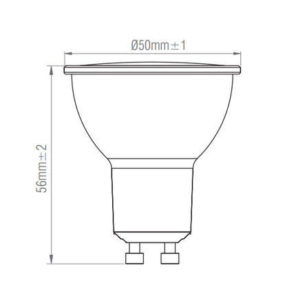 Technical drawing of a GU10 light bulb with dimensions