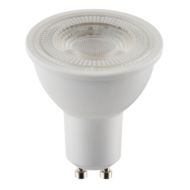 LED light bulb with GU10 base on a white background