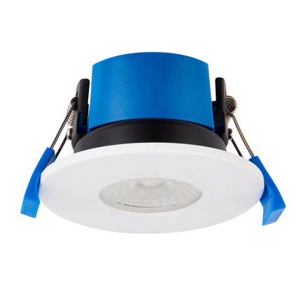 Blue and black recessed ceiling light on a white background