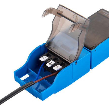 Blue electrical connector with clear cover on a white background