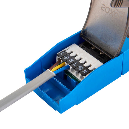 Blue cable connector with wires and terminal block on a white background