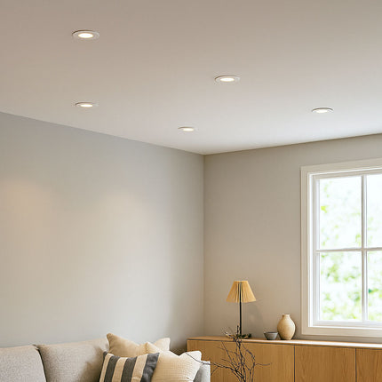 Modern living room with recessed ceiling lights, a window, and a sideboard.