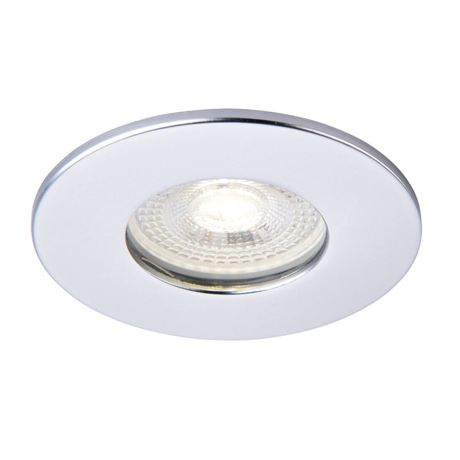 Round recessed ceiling light with white glass cover on a white background