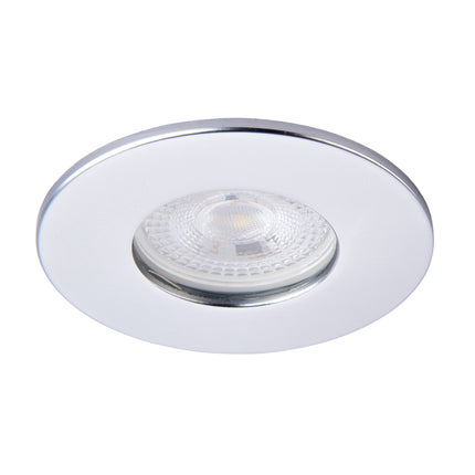 Round recessed ceiling light with white housing and chrome trim on a white background