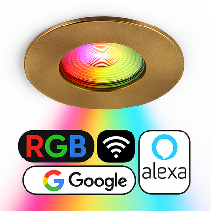 Antique brass Smart light fixture downlight with RGB, Wi-Fi, Google, and Alexa logos on a white background