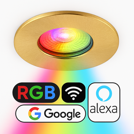 Smart Wifi RGB-CCT Fire-Rated Downlight (Alexa & Google) – IP65, GU10, Brushed Satin Brass