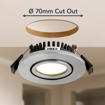 Adjustable IP65 Dimmable LED Slim Tilt Downlight, Fire Rated, 5W, 500 Lumens, Polished Chrome
