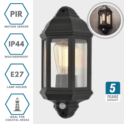 Outdoor Half Lantern Wall Light with PIR Sensor – E27, Black, IP44