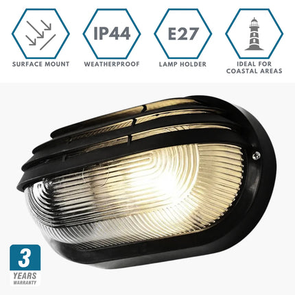Oval Bulkhead Outdoor Light – E27, Black Caged Glass Fitting, IP44