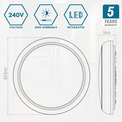 Technical specifications and dimensions of a LED light fixture on a white background