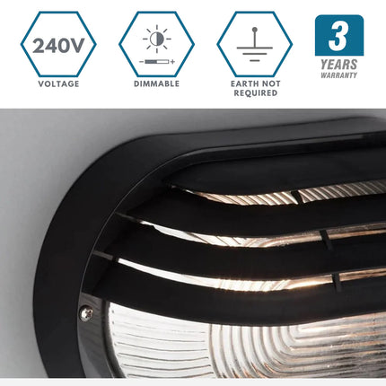 Oval Bulkhead Outdoor Light – E27, Black Caged Glass Fitting, IP44