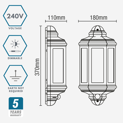 Outdoor Half Lantern Wall Light with PIR Sensor – E27, Black, IP44