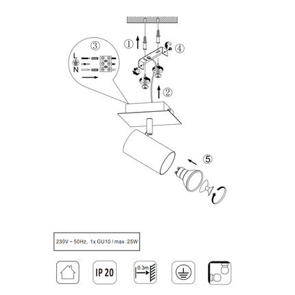 Single Square Adjustable Spotlight – GU10 Wall or Ceiling Light, Matt Nickel, IP20