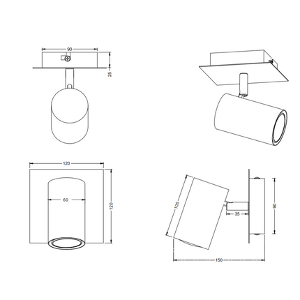 Single Square Adjustable Spotlight – GU10 Wall or Ceiling Light, Matt Nickel, IP20