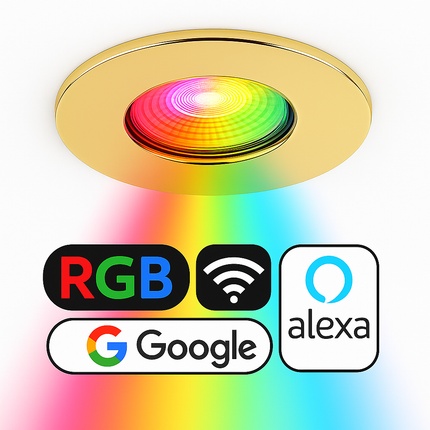 Smart Wifi RGB-CCT Fire-Rated Downlight (Alexa & Google) – IP65, GU10, Polished Brass