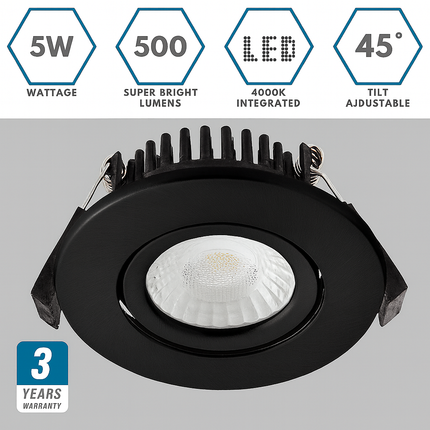 Adjustable IP65 Dimmable LED Slim Tilt Downlight, Fire Rated, 5W, 500 Lumens, Black