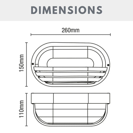 Oval Bulkhead Outdoor Light – E27, Black Caged Glass Fitting, IP44