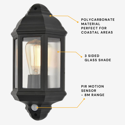 Outdoor Half Lantern Wall Light with PIR Sensor – E27, Black, IP44