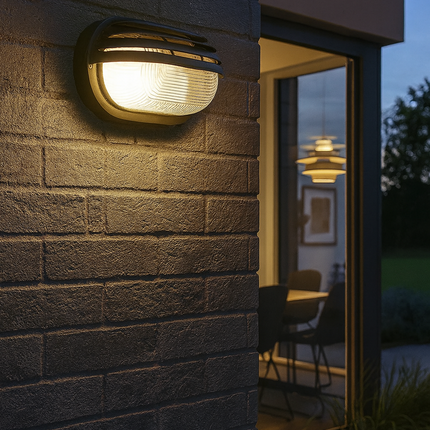 Oval Bulkhead Outdoor Light – E27, Black Caged Glass Fitting, IP44