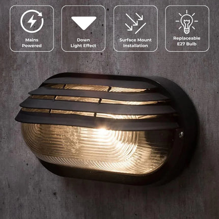 Oval Bulkhead Outdoor Light – E27, Black Caged Glass Fitting, IP44