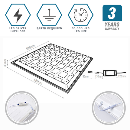 600x600mm LED Recessed Suspended Ceiling Light Panel – 40W, 4000lm, IP20, 4000K Cool White